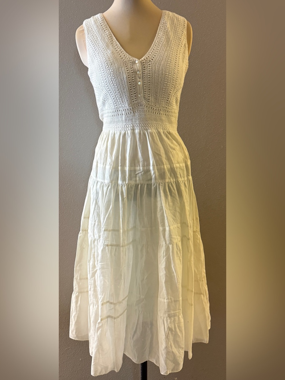 Ralph Lauren Jeans Co Cream Crochet Bodice Lined Linen Tiered Maxi Dress size M